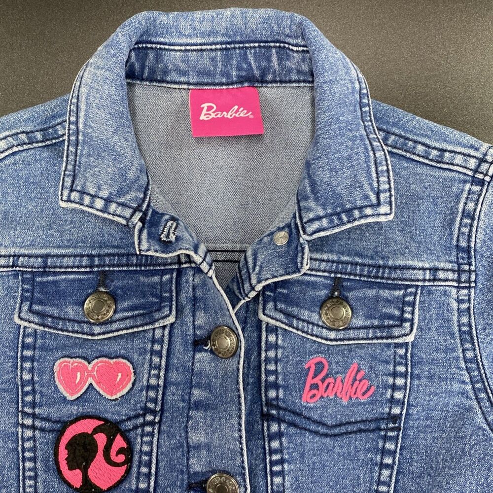 Barbie Denim Jacket Girls Size 7 Embroidered Patches Strong Girls Make Waves - Picture 3 of 16